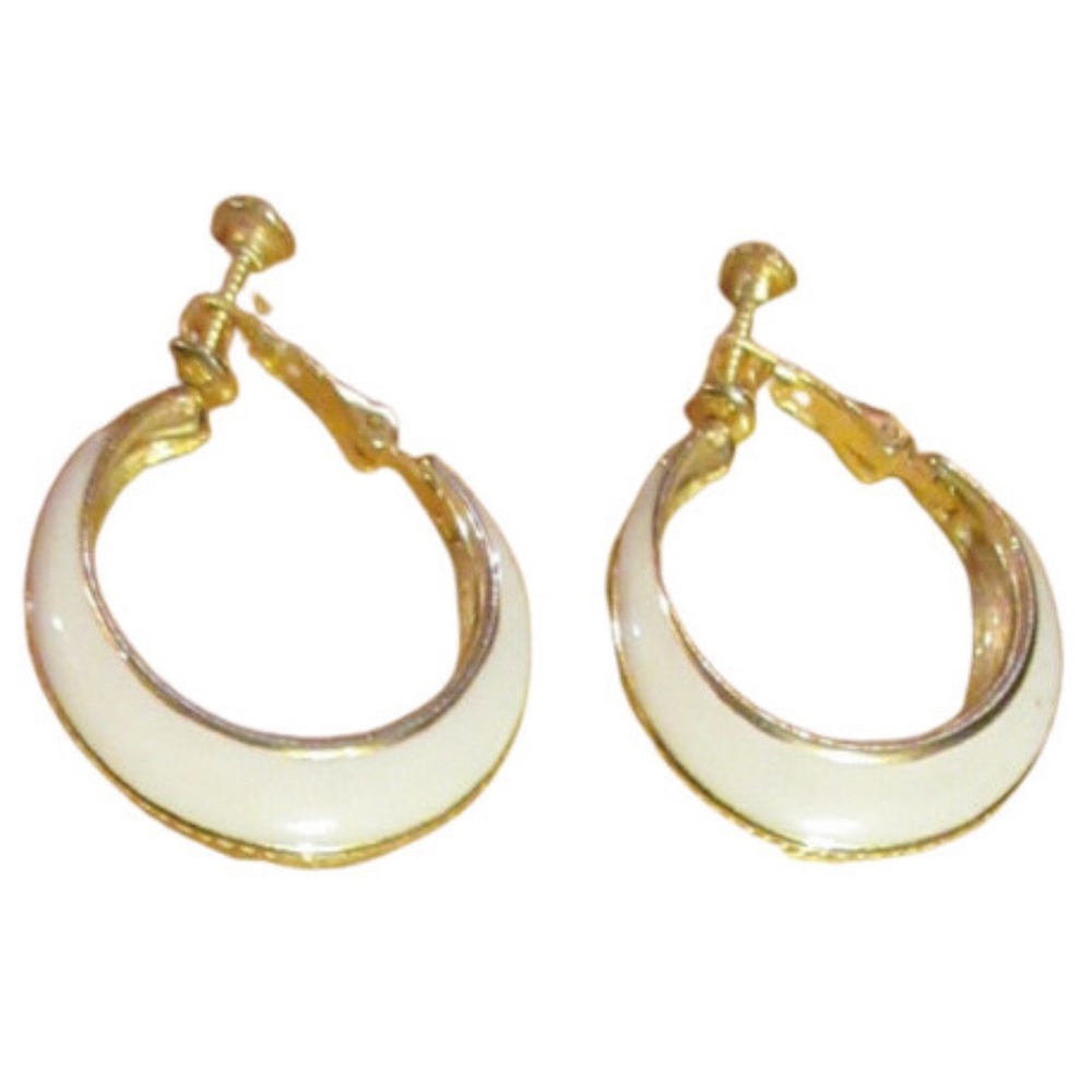 Vtg Goldette Gold Tone Cream Enamel Screw Back Hoop Earrings